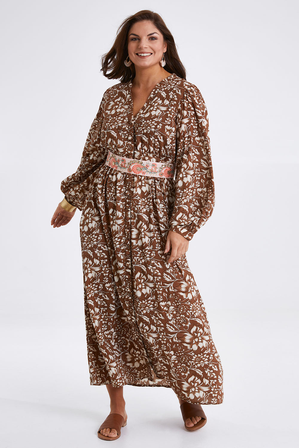 Model Monique wearing size 14 of the Feel Good Friday Dress in colour Hazelnut (White), from the front, showing the whole outfit