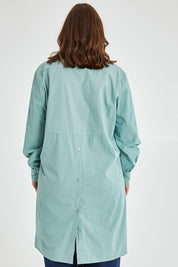 Model Monique wearing size 14 of the Ringmaster Of My Life Shirt in colour Sage (Green), from the back