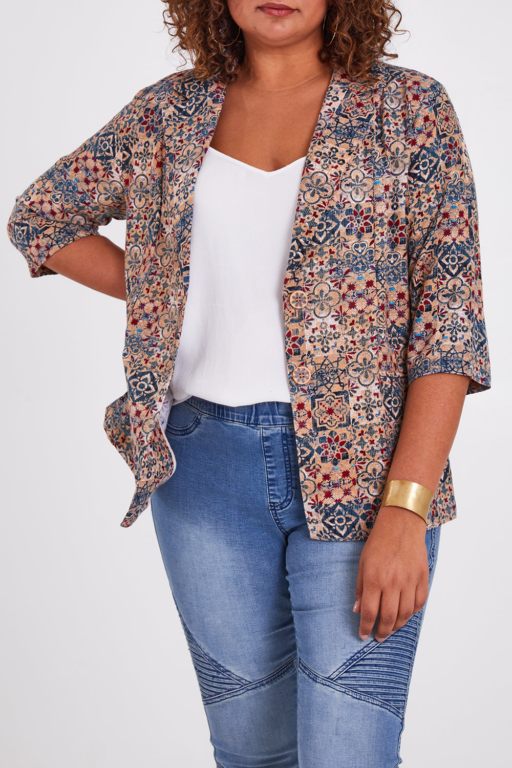 Model Anucia wearing size 14 of the Missing You Dearly Blazer in colour Blue (Blue), from the front, cropped image