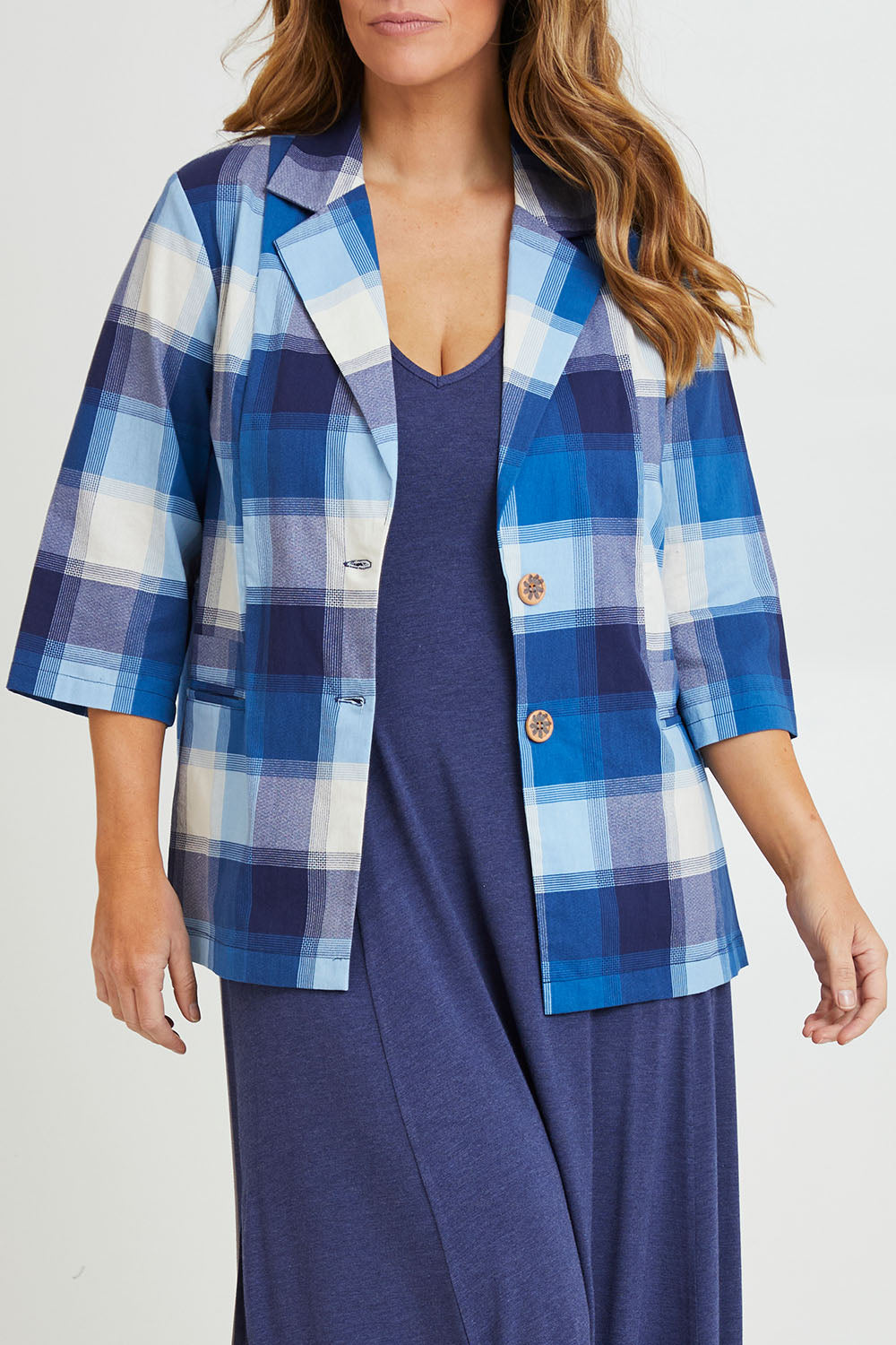 Model Laura wearing size 14 of the Missing You Dearly Blazer in colour Bluecheck (Blue), from the front, cropped image