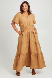 Model Monique wearing size 14 of the Forget Me Not Maxi Dress in colour Terracotta, from the front, showing the whole outfit