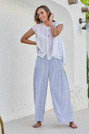 Model Tegand wearing size 10 of the Break Of Day Cotton Pants - Bluestripe in colour Bluestripe, from the front