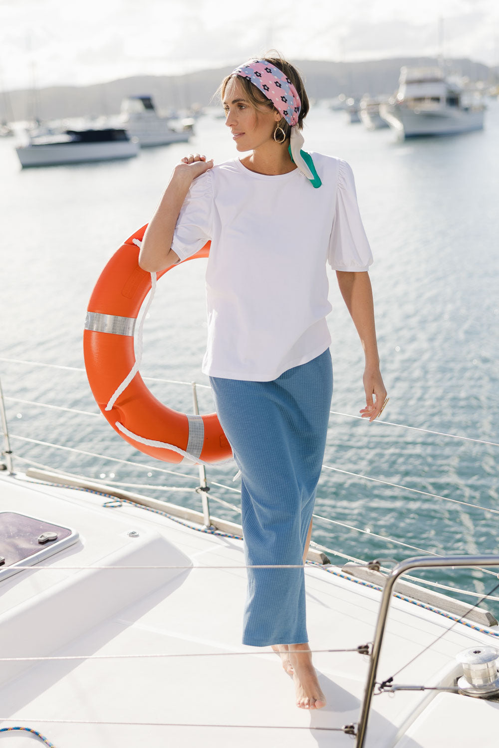 Model Tegan wearing size 10 of the Sunday Brunch Tee in colour White (White), from the front, showing the whole outfit
