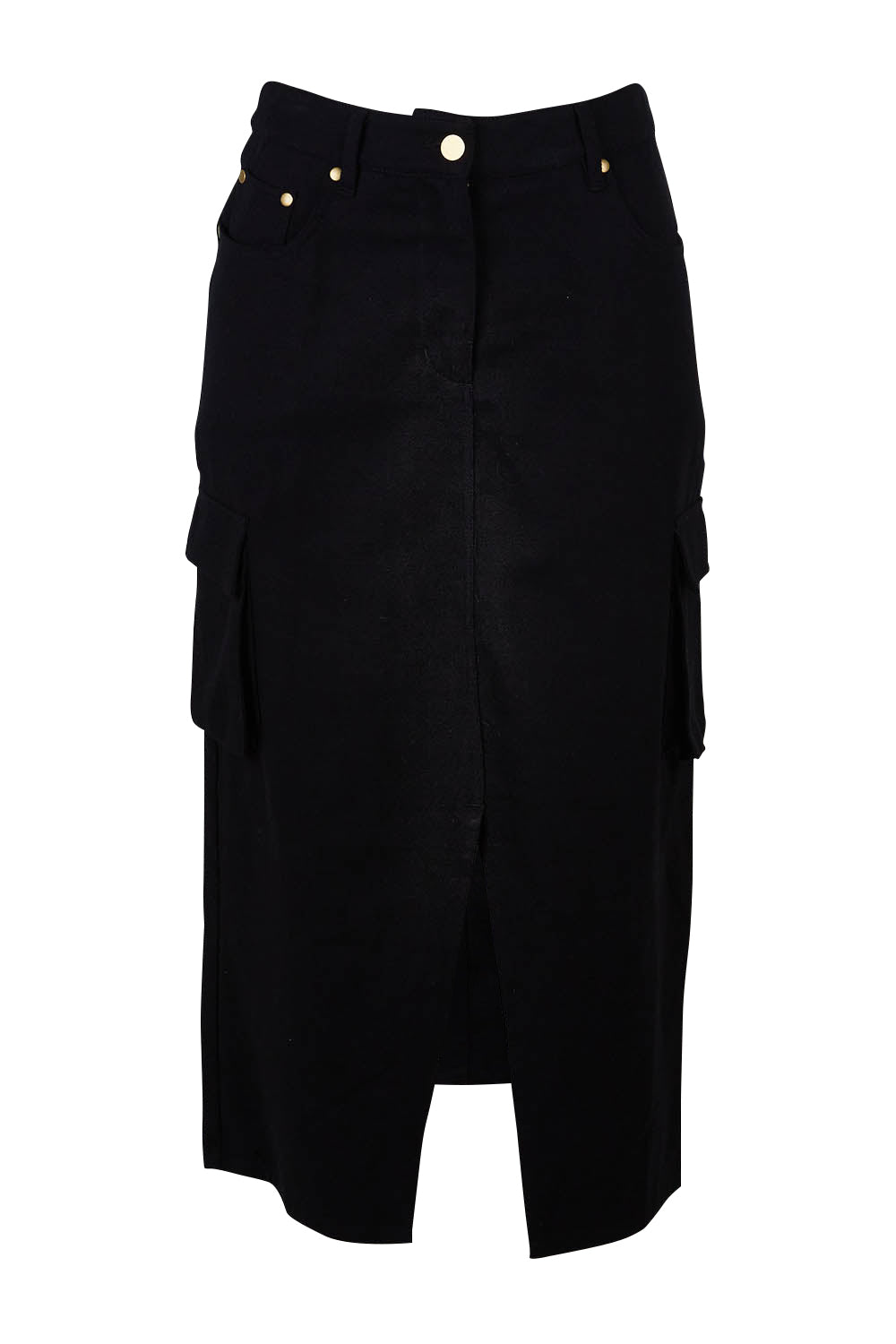 Product shot of the Carry Me With You Cargo Skirt in colour Black (Black), from the front