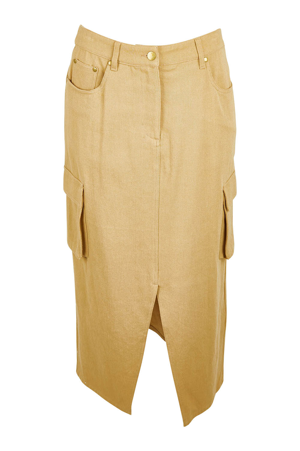 Product shot of the Carry Me With You Cargo Skirt in colour Sand, from the front