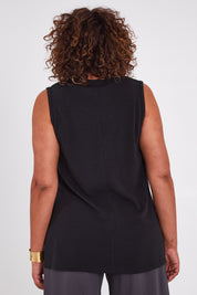 Model Anucia wearing size 14 of the Snuggle Up Vest in colour Black (Black), from the back