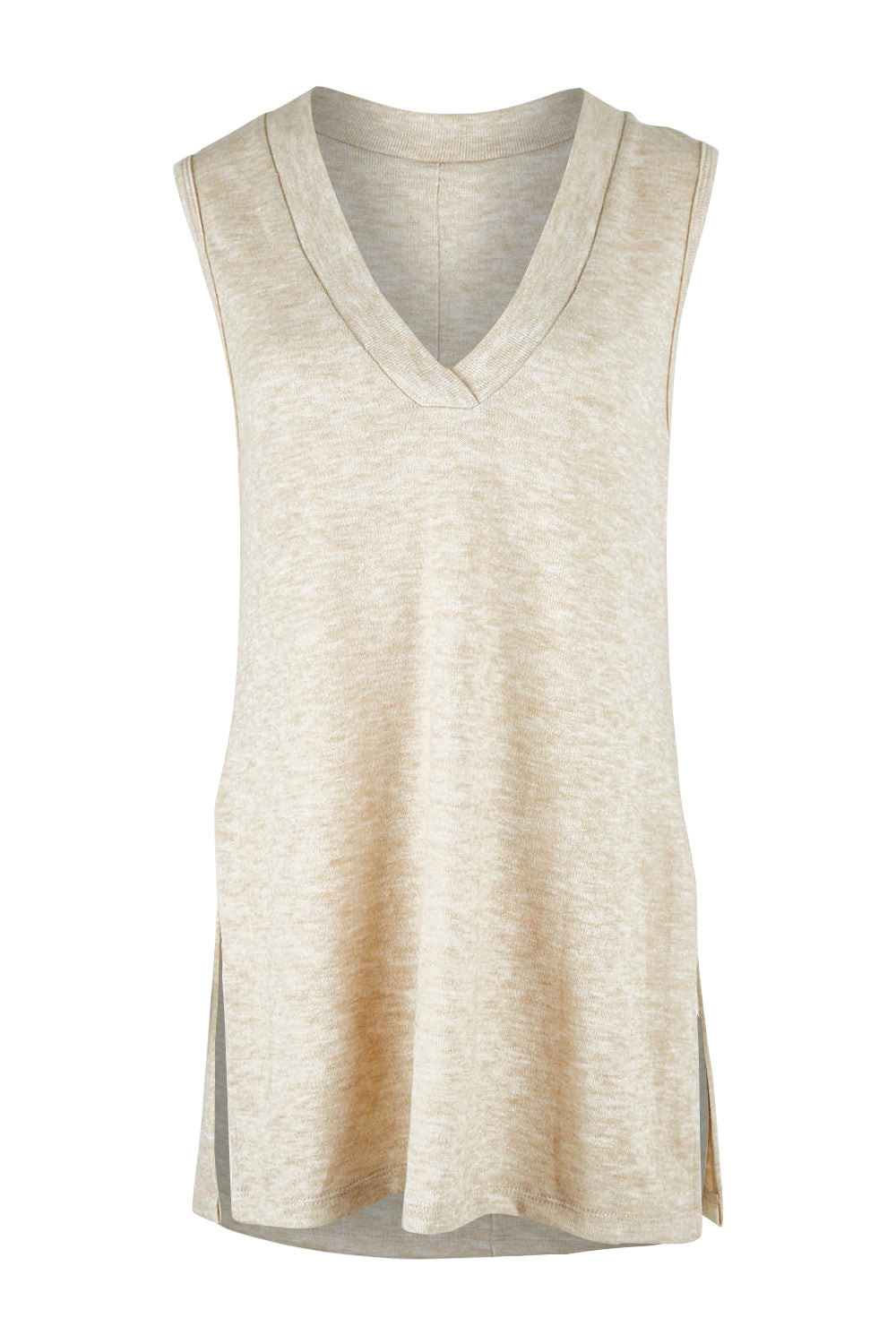 Product shot of the Snuggle Up Vest in colour Sand, from the front