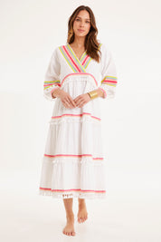Model Madeline wearing size 10 of the State Of Mind Dress in colour White (White), from the front, showing the whole outfit