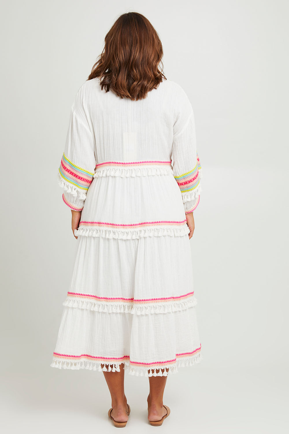 Model Monique wearing size 14 of the State Of Mind Dress in colour White (White), from the back