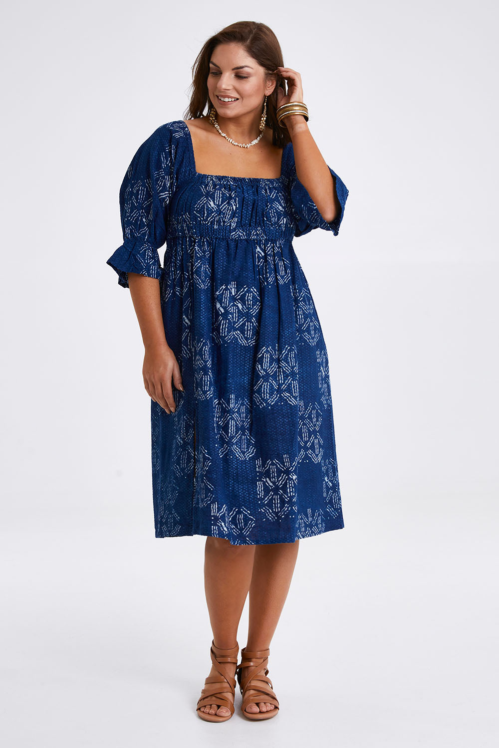 Model Monique wearing size 14 of the Sweet Memories Cotton Dress in colour Indigo (Blue), from the front, showing the whole outfit