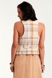 Model Natalie wearing size 10 of the Ready And Able Checked Vest in colour Check, from the back