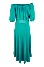 Product shot of the Light You Give On Or Off Shoulder Dress in colour Ultra (Green), from the back