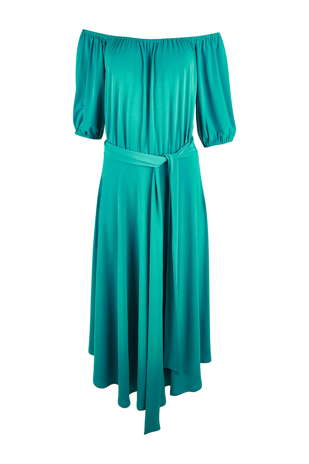 Product shot of the Light You Give On Or Off Shoulder Dress in colour Ultra (Green), from the front