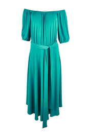 Product shot of the Light You Give On Or Off Shoulder Dress in colour Ultra (Green), from the front
