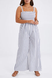 Model Monique wearing size 14 of the Locked In To Your Love Cotton Jumpsuit in colour Bluestripe (White), from the front, cropped image