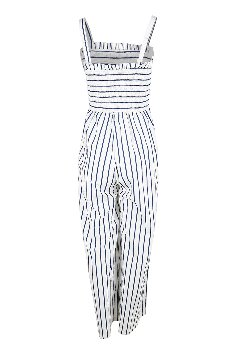 Product shot of the Locked In To Your Love Cotton Jumpsuit in colour Bluestripe (White), from the back