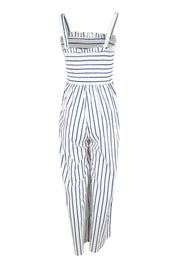 Product shot of the Locked In To Your Love Cotton Jumpsuit in colour Bluestripe (White), from the back