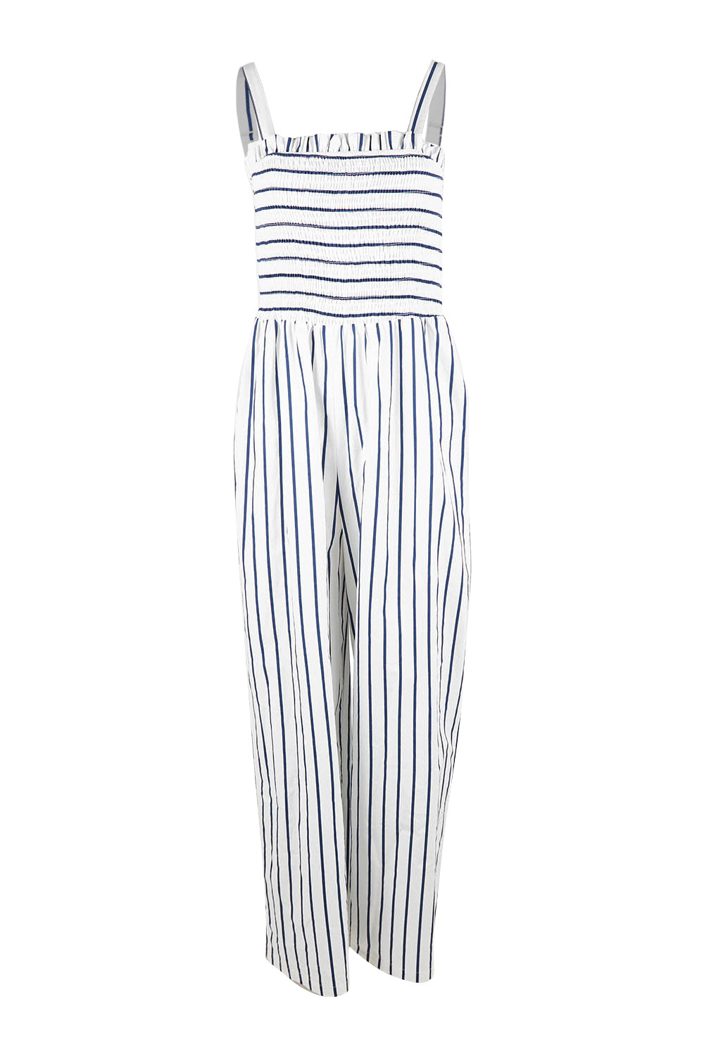 Product shot of the Locked In To Your Love Cotton Jumpsuit in colour Bluestripe (White), from the front