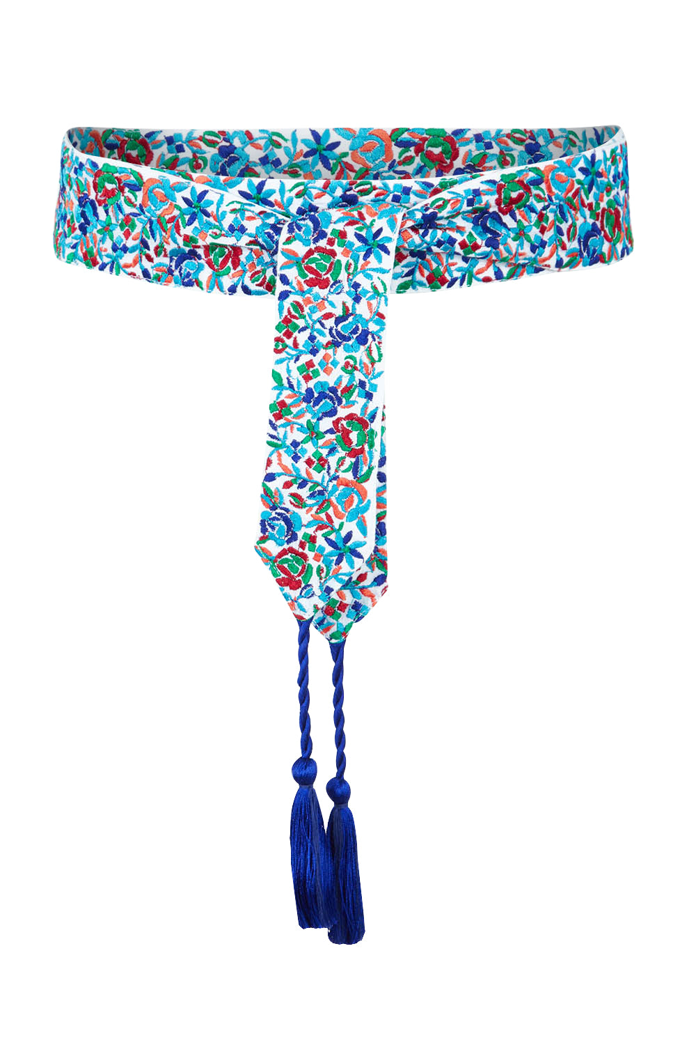 Product shot of the Finishing Touch Embroidered Belt in colour Bluefleur (Blue), from the front