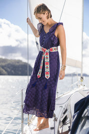 Model Tegan wearing size S-M of the Finishing Touch Embroidered Belt in colour Bright, from the front, showing the whole outfit