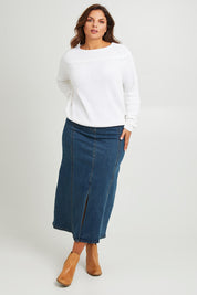 Model Monique wearing size 14 of the Easy As Pull On Panel Skirt in colour Darkdenim (Blue), from the front, showing the whole outfit