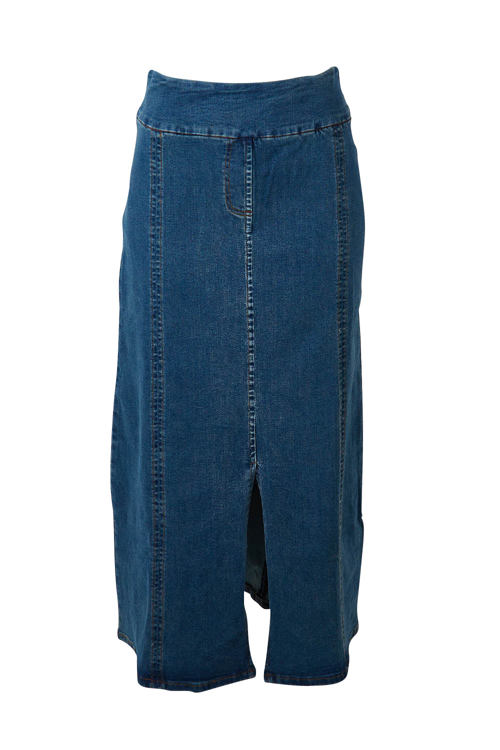 Product shot of the Easy As Pull On Panel Skirt in colour Darkdenim (Blue), from the front
