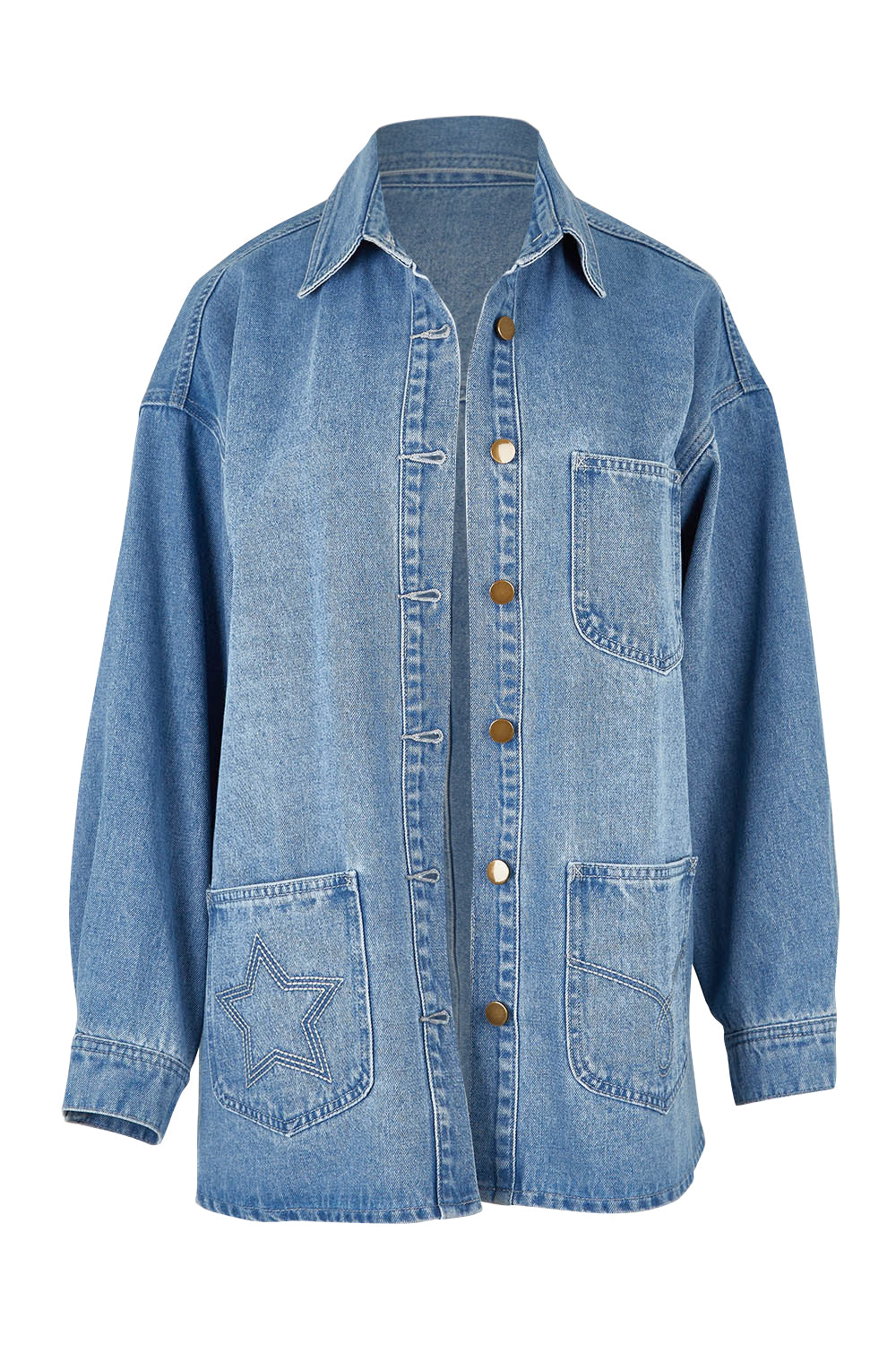 Product shot of the Good Times Oversize Denim Jacket in colour Denim (Blue), from the front