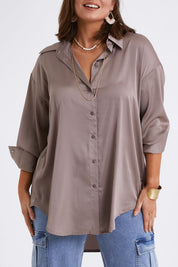 Model Monique wearing size 14 of the Going With The Flow Shirt in colour Bungee, from the front, cropped image