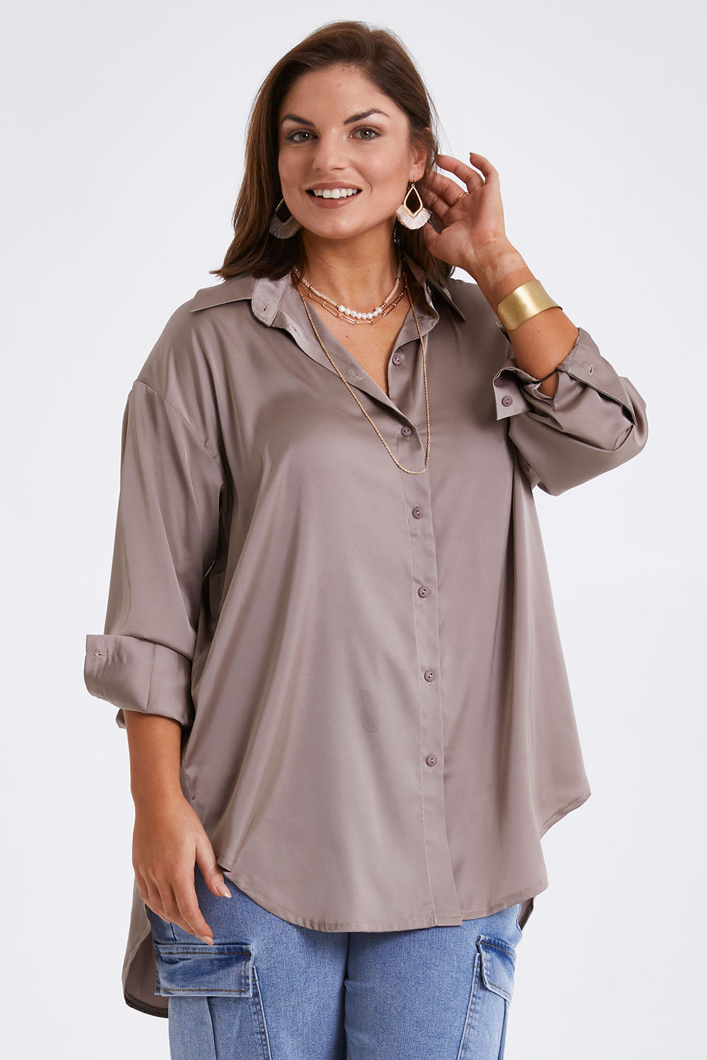 Model Monique wearing size 14 of the Going With The Flow Shirt in colour Bungee, from the front, cropped image