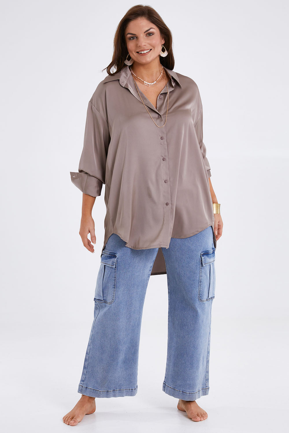 Model Monique wearing size 14 of the Going With The Flow Shirt in colour Bungee, from the front, showing the whole outfit