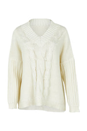 Product shot of the Cosy In Cable Cotton V Neck Jumper in colour Cream, from the front