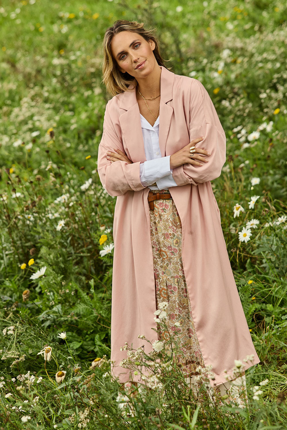 Model Tegan wearing size 10 of the Rendezvous Tencel Jacket in colour Shell (Pink), from the front, showing the whole outfit