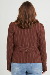 Model Monique wearing size 14 of the Across The Fields Pinstripe Jacket in colour Chocolate, from the back