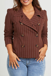 Model Monique wearing size 14 of the Across The Fields Pinstripe Jacket in colour Chocolate, from the front, cropped image