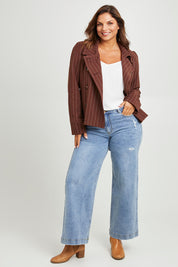 Model Monique wearing size 14 of the Across The Fields Pinstripe Jacket in colour Chocolate, from the front, showing the whole outfit