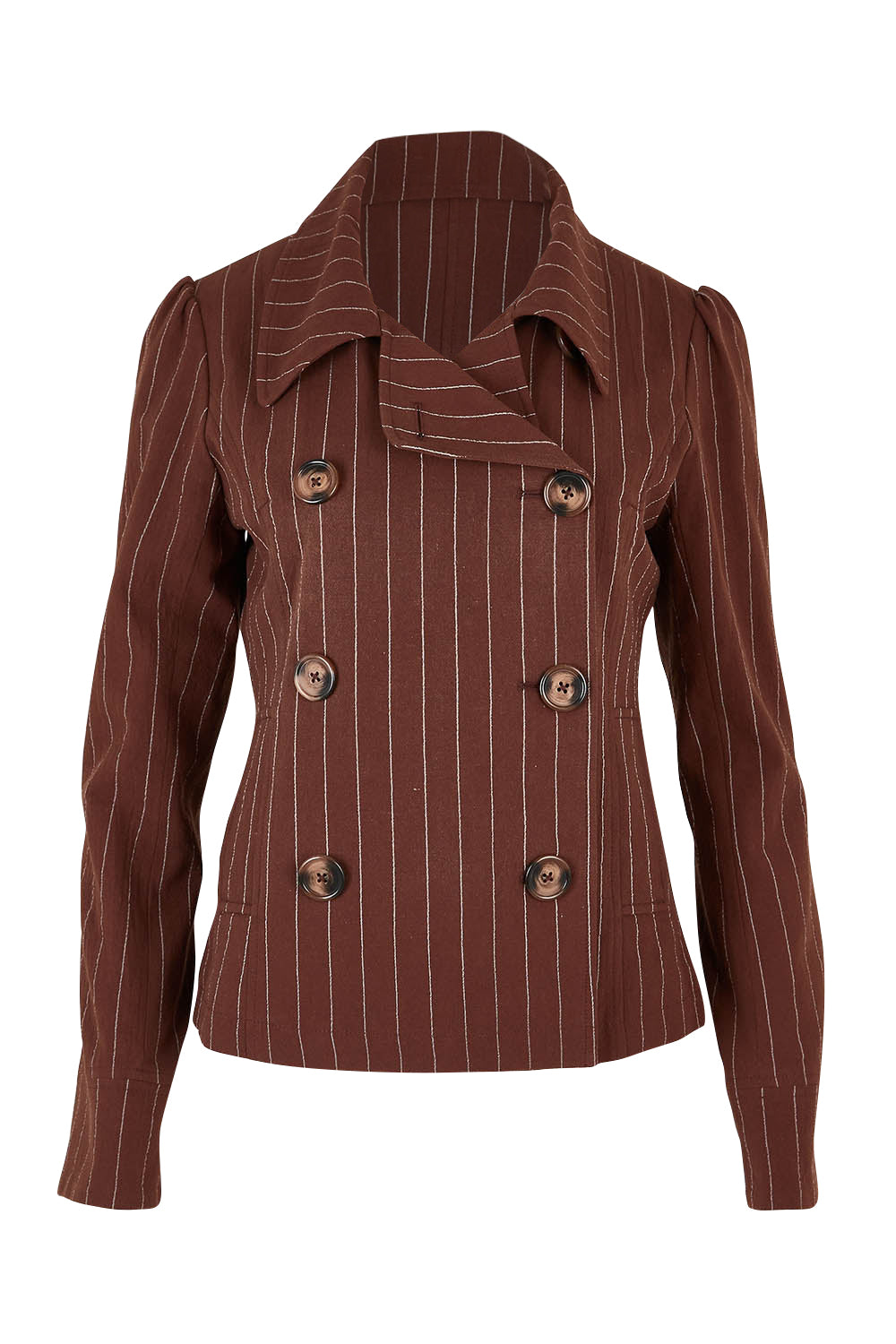 Product shot of the Across The Fields Pinstripe Jacket in colour Chocolate, from the front