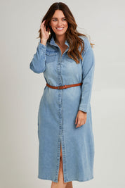 Model Laura wearing size 14 of the Wyatt Long Denim Dress in colour Denim (Blue), from the front, cropped image