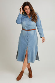 Model Laura wearing size 14 of the Wyatt Long Denim Dress in colour Denim (Blue), from the front, showing the whole outfit
