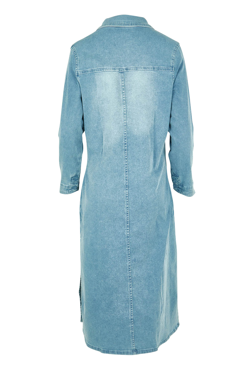 Product shot of the Wyatt Long Denim Dress in colour Denim (Blue), from the back
