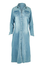 Product shot of the Wyatt Long Denim Dress in colour Denim (Blue), from the front
