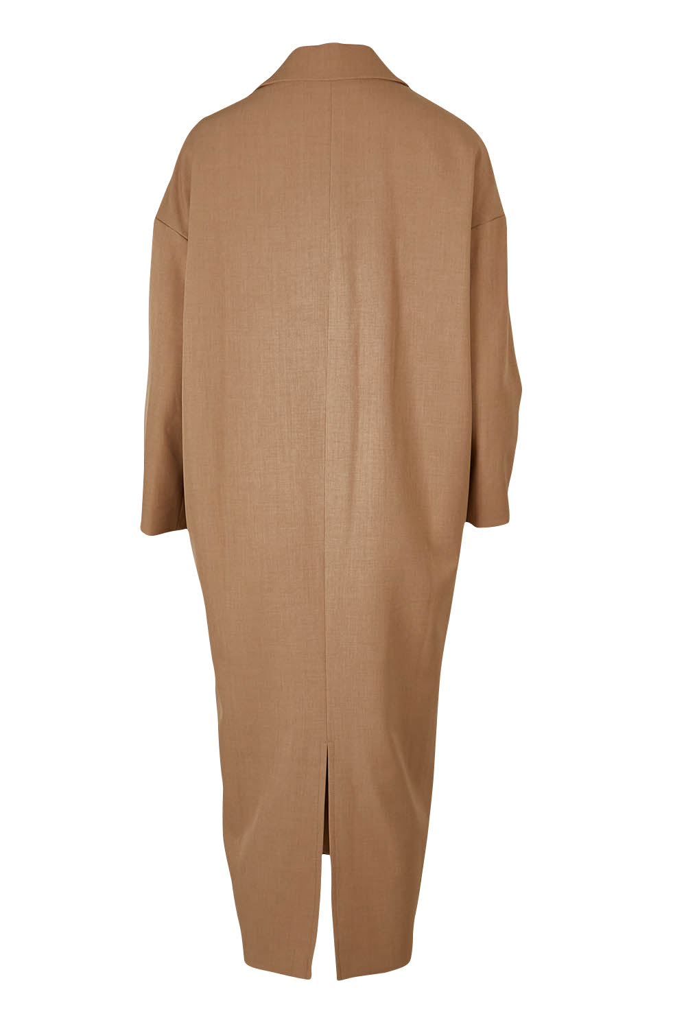 Product shot of the Suits Me Long Jacket in colour Earth, from the back