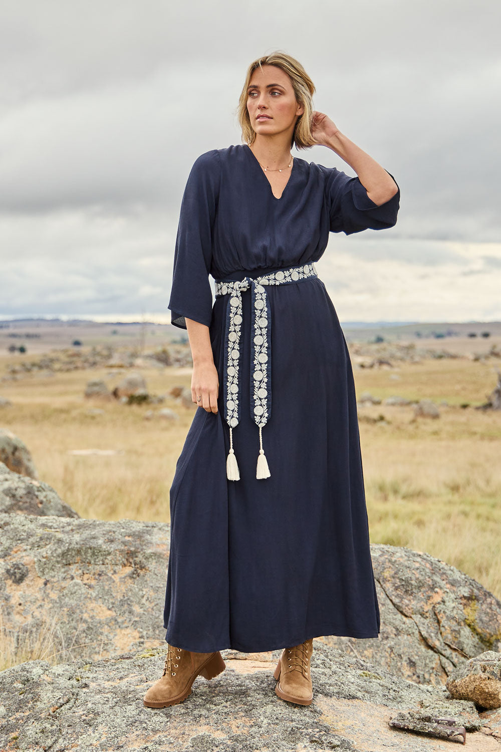 Model Tegan wearing size 10 of the One Fine Day Cross Back Maxi in colour Darknavy (Blue), from the front, showing the whole outfit