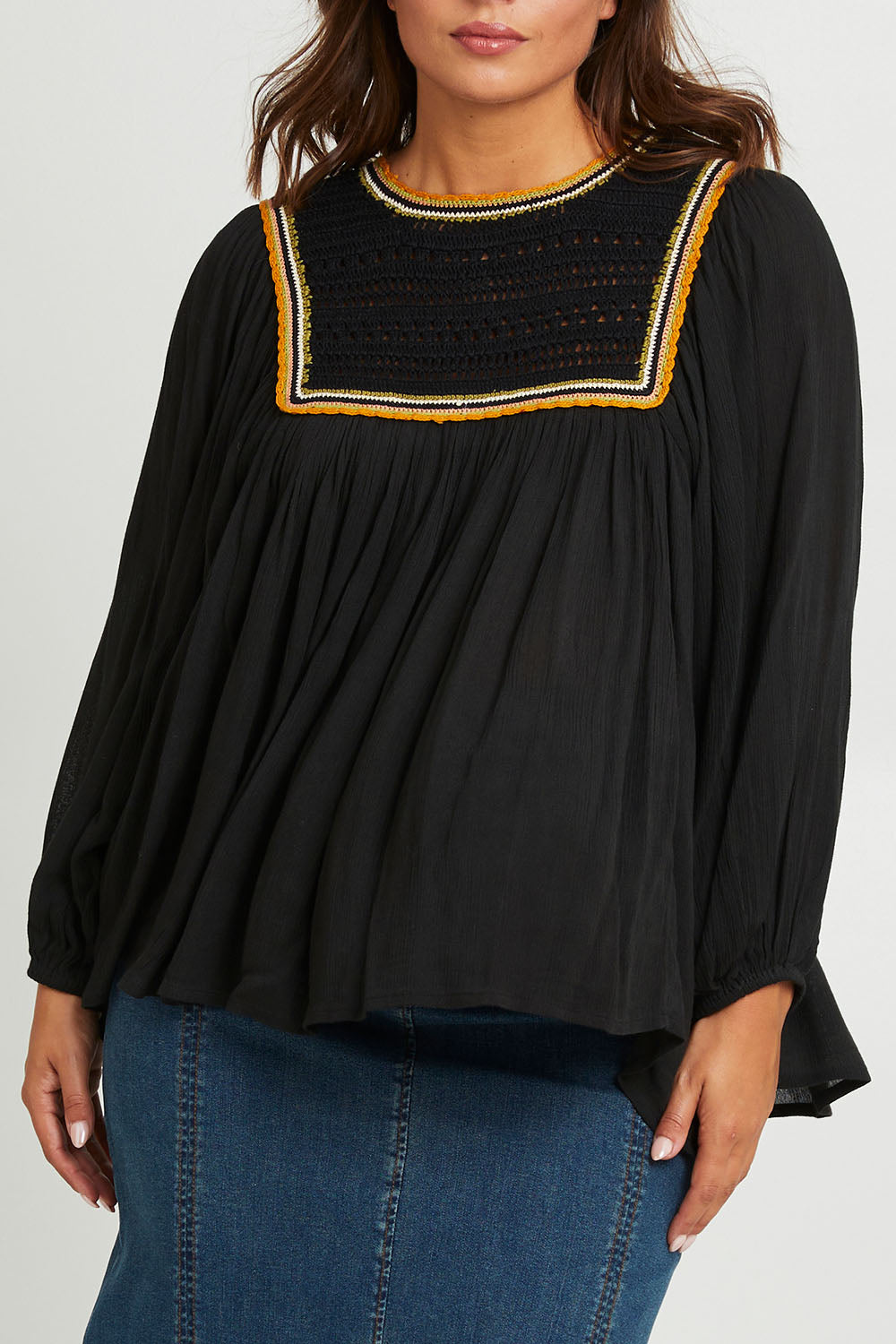 Model Monique wearing size 14 of the Ebb And Flow Crochet Detail Top in colour Black (Black), from the front, cropped image