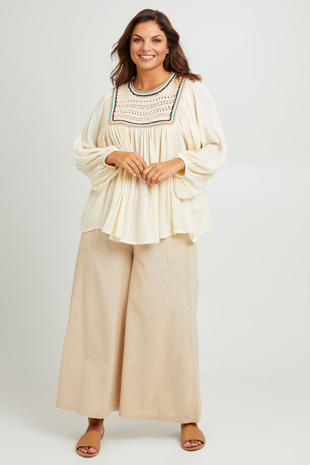 Model Monique wearing size 14 of the Ebb And Flow Crochet Detail Top in colour Cream (White), from the front, showing the whole outfit