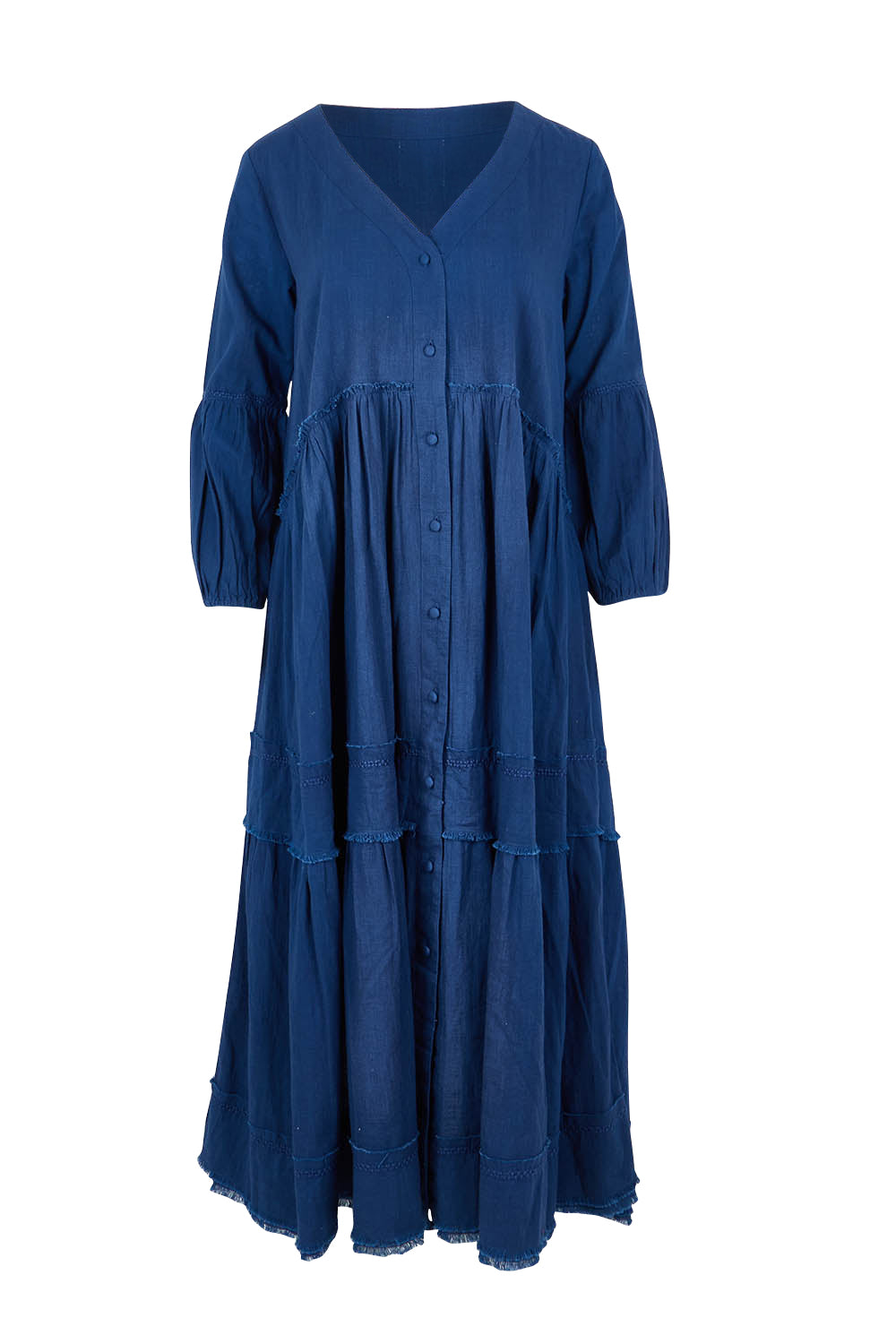 Product shot of the Real Love Tiered Dress in colour Denim (Blue), from the front