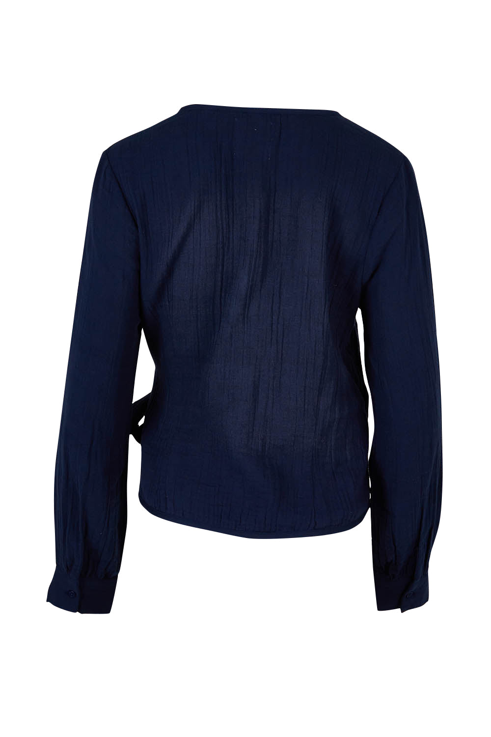 Product shot of the Wrapped Up In Your Love Blouse in colour Navy (Blue), from the back