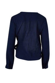 Product shot of the Wrapped Up In Your Love Blouse in colour Navy (Blue), from the back