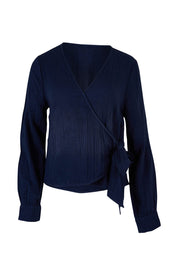 Product shot of the Wrapped Up In Your Love Blouse in colour Navy (Blue), from the front