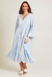 Model Jane wearing size 14 of the Dancing With Joy Dress in colour Skyblue (Blue), from the front, showing the whole outfit