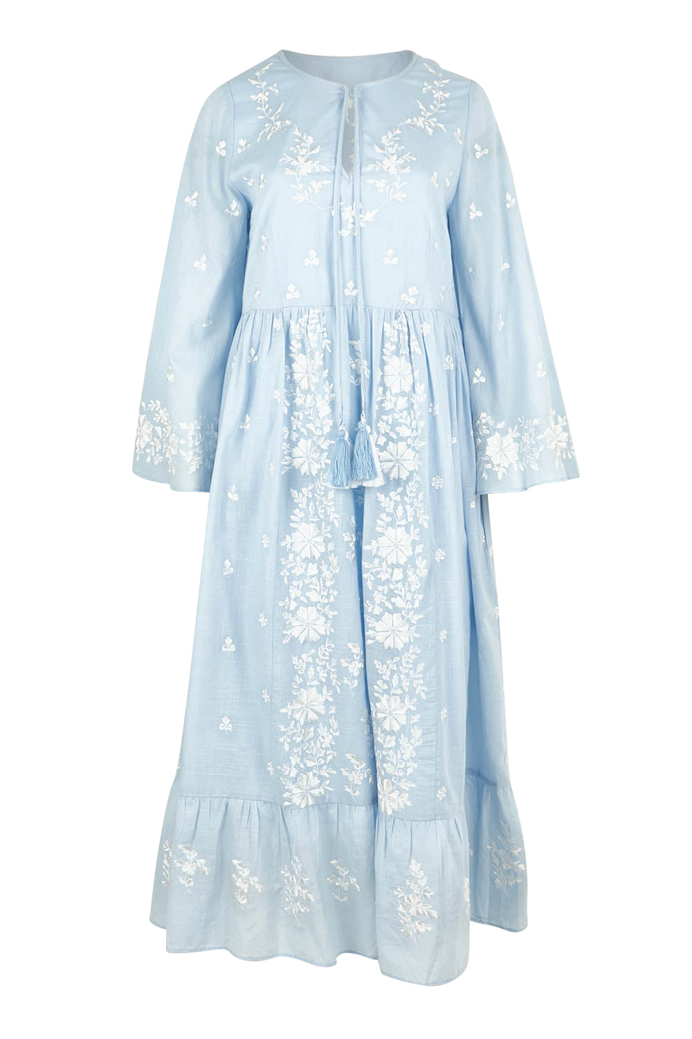 Product shot of the Dancing With Joy Dress in colour Skyblue (Blue), from the front